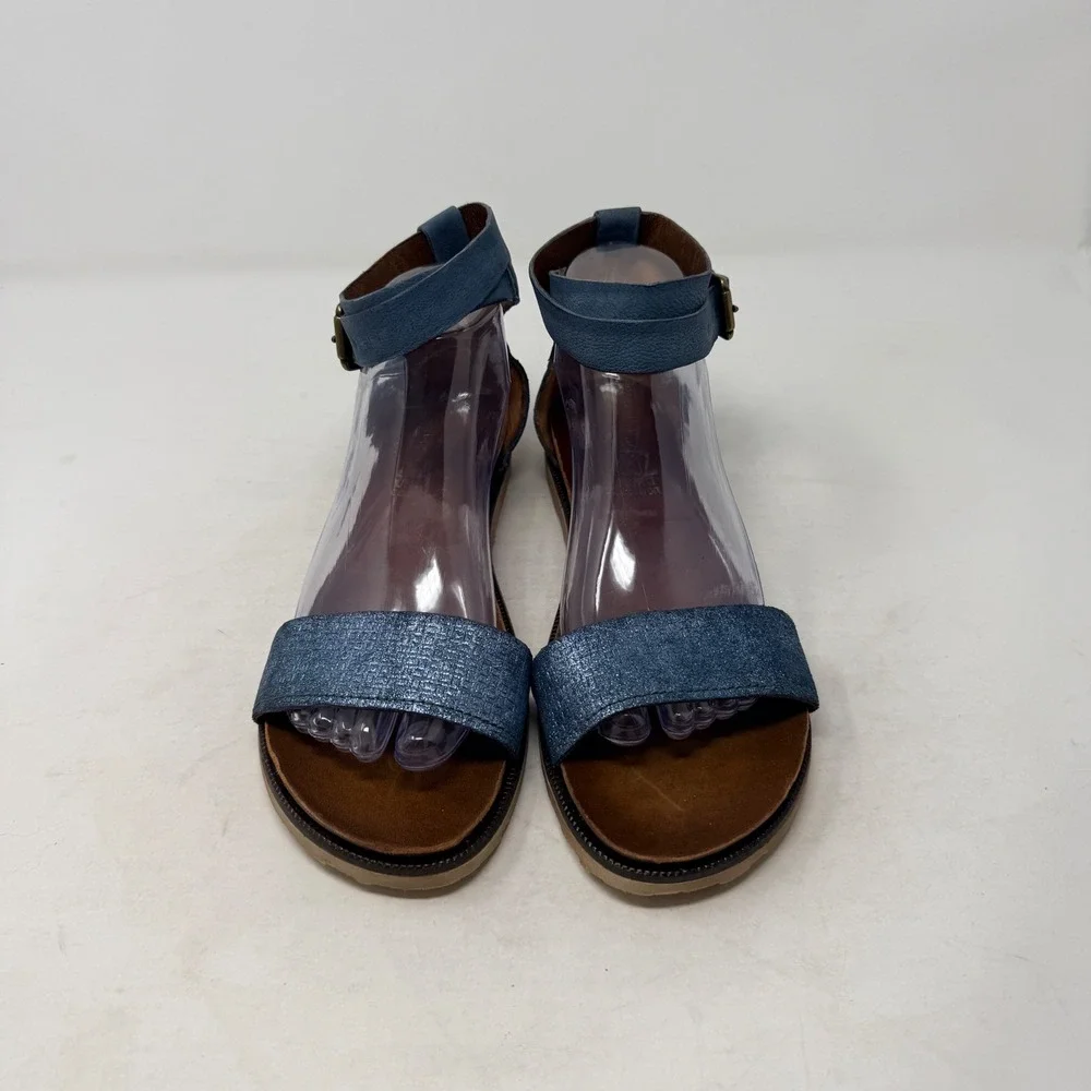 Miz Mooz Verona Collection Sandals Blue 9 Leather Ankle Strap Metallic Flat